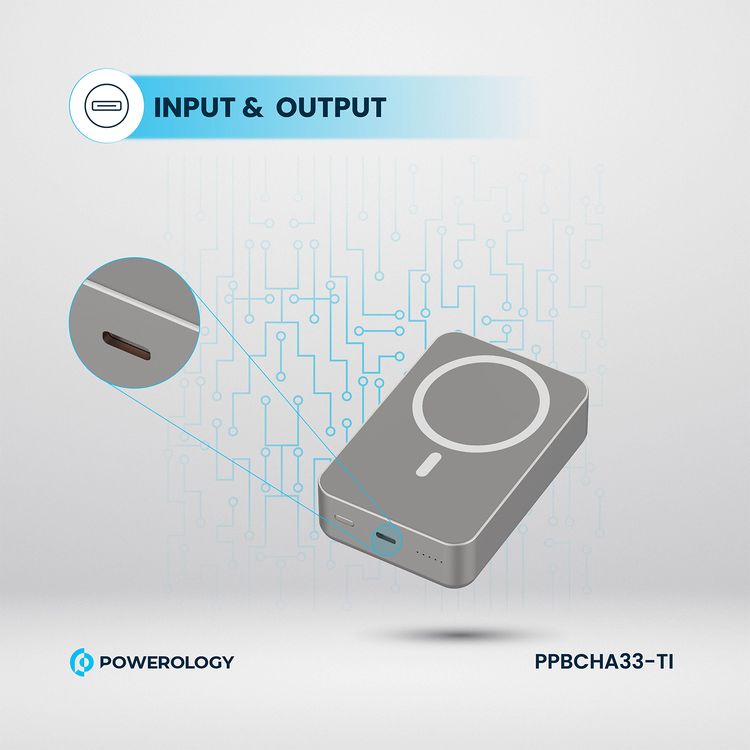 بنك الطاقة Powerology MagSafe من الألومنيوم بقدرة 20000 مللي أمبير في الساعة مع مؤشر لمستوى البطارية، تصميم خفيف الوزن وصغير الحجم، شحن سريع ومتزامن، مدخل ومخرج من النوع C، مخرج لاسلكي 15 وات - تيتانيوم