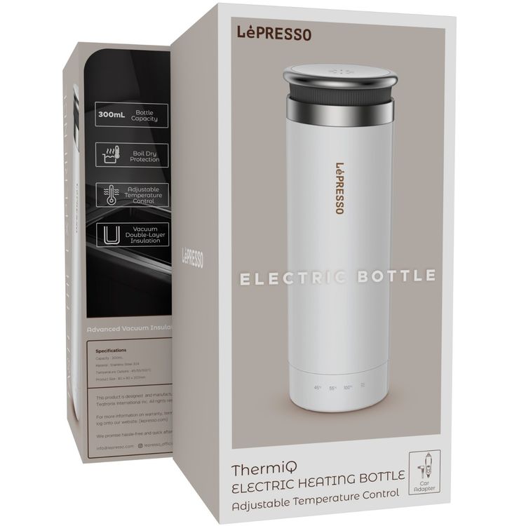 LePresso Portable Outdoor Electric Kettle with 300mL Capacity, Boil Dry Protection, Temperature Control, Stainless Steel 304 Material, 96W Power Output - White