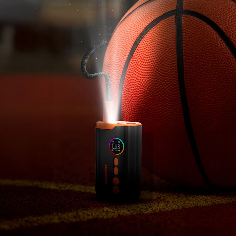 Porodo Electric Air Inflator with 150PSI High-Pressure Power, 4 Inflation Mode, 30cm Cable Length, USB-C Charging Cable, Up to 5 Hours Charging Time, Detects Air Pressure - Black