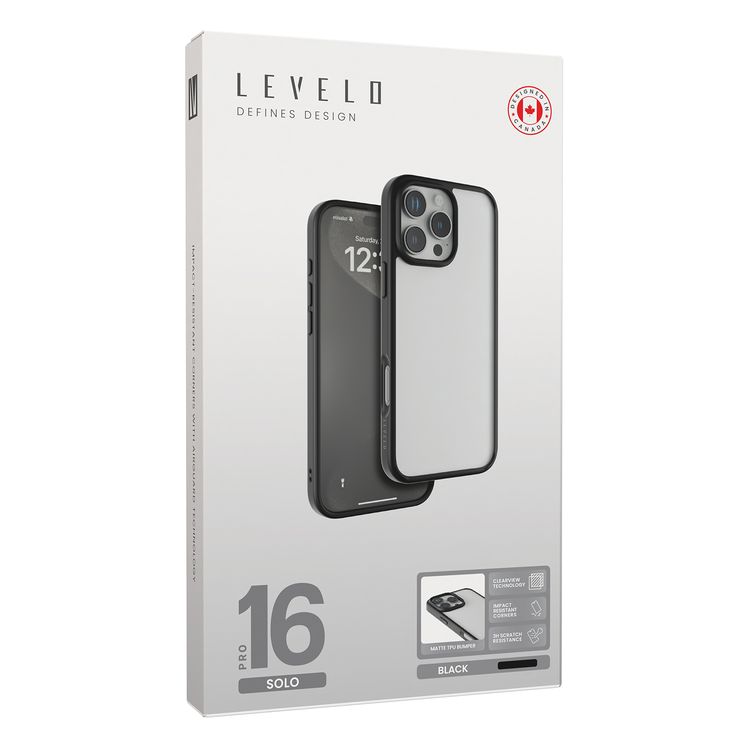 Levelo Solo Case for iPhone 16 Pro with Clearview Technology, Matte TPU Bumper, Comfortable Grip, Impact-Resistant Corners, 3H Scratch Resistance - Black