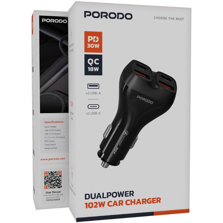 Porodo Dual Power Car Charger with PD 30W, QC 18W, ×2 USB-A & ×2 USB-C Ports, 102W High Power Output, Fast Charging Technology, Smart Charging Protocols, Compact Design - Black 