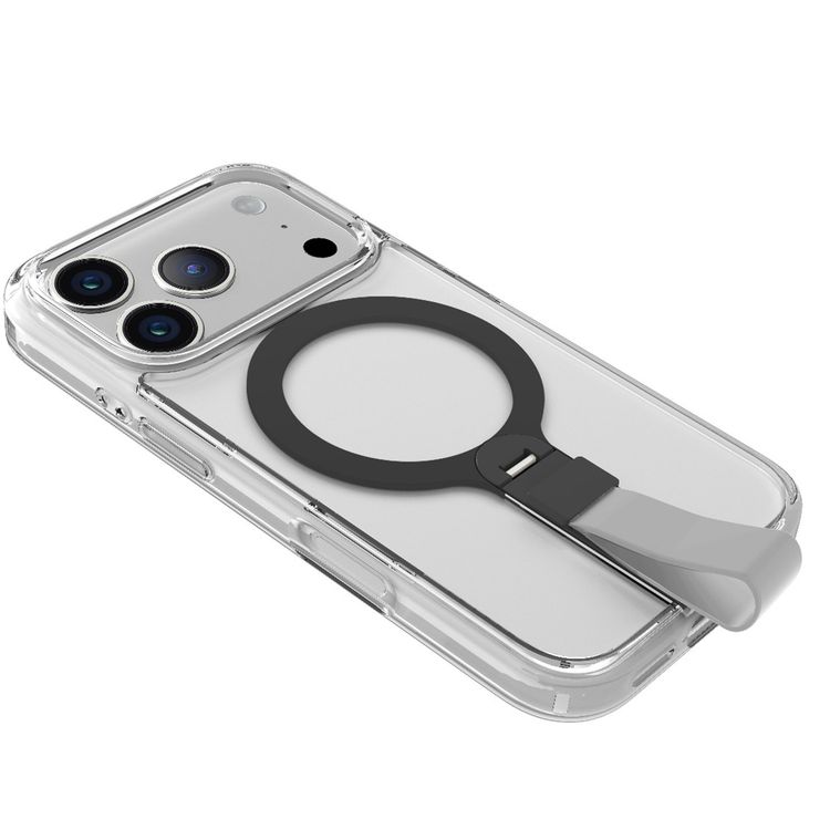 Levelo Spira MagSafe Clear Grip Case for iPhone 17 Pro Max, Strong Magnets, Horizontal & Vertical Viewing, Shock-Resistant Bumper, Anti-Scratch, 360° Rotating Metal Kickstand - Silverstone
