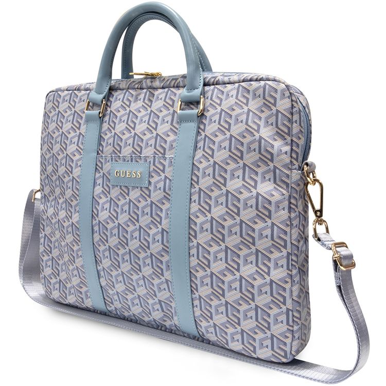 حقيبة لابتوب Guess Gcube Stripes مقاس 16 بوصة مصنوعة من الجلد الصناعي، 5 جيوب، حزام كتف قابل للتعديل، مقابض حمل - أزرق