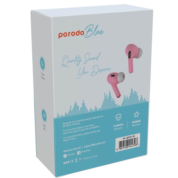 Porodo Blue AirPods Pro2 with Screen, Deep Bass, Touch Control, Camera Shutter, Music Playback, Call Management, 20 Hours Working Time, 1.47 inches Screen size - Pink