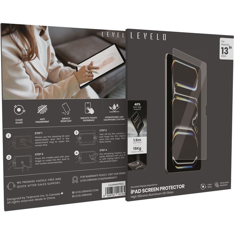 Levelo High Silicone Aluminum Glass HD Screen Protector for iPad Pro 13" 2024, Scratch Resistance, Touch Sensitivity, Hydrophobic & Oleophobic Coating - Clear