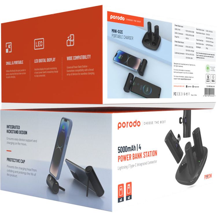 Porodo 5000mAh 4 in 1 Power Bank Station with Dual Lightning and Type-C Integrated Connectors, 20W PD, Portable, Integrated Kickstand, LED Digital Display - Black 