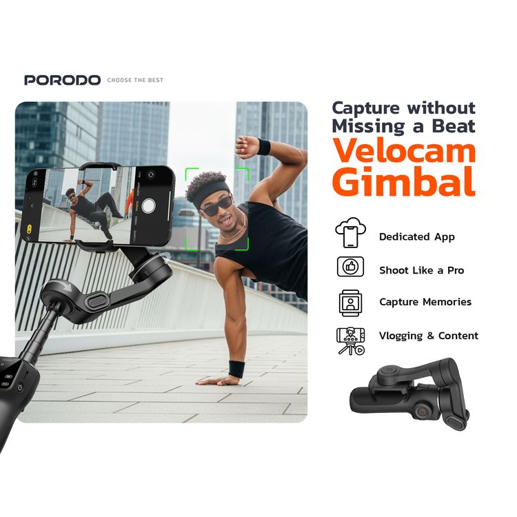 Porodo Velocam 3-Axis Gimbal Stabilizer with 6 Shooting Modes, Up to 10 Hours Working Time, USB-C Charging Port, 20cm Extension Rod, 2×800mAh Batteries, Foldable Design, Smart Face Tracking, Focus Control Wheel - Black