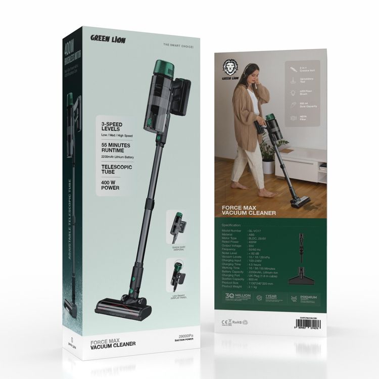 مكنسة كهربائية جرين ليون فورس ماكس مع شاشة عرض ذكية LED، سعة سلة الغبار 700 مل، بقوة 400 واط، حتى 45 دقيقة من وقت العمل، أنبوب تلسكوبي قابل للتعديل، تفريغ الغبار السريع، فرشاة LED للأرضية - سوداء اللون.