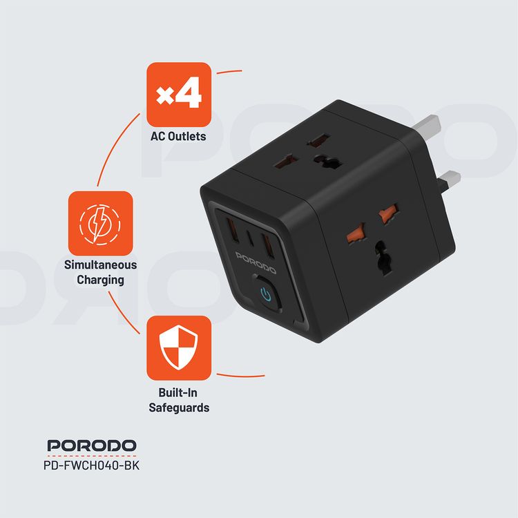 Porodo 4-AC Universal Power Block Adapter with USB-C & Dual USB-A Ports, Fast Charge, 20W Power Delivery, Built-in Safeguards, Simultaneous Charging, 2500W Rated Power - Black