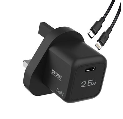 Pawa Stout GaN Travel Charger with Type-C to Lightning Cable, 25W Total Output Power, Low Temperature & Fire Protection, 1.2m Cable Length, Fast Charging - Black
