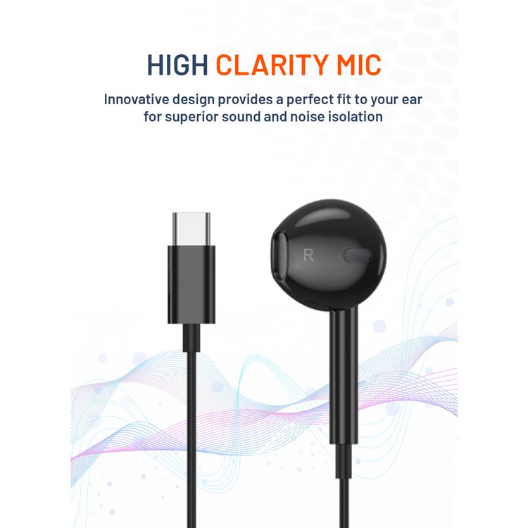 Porodo Soundtec Mono Earphone with Type-C Connector, 3-Button Controls, High-Clarity Microphone, 120 cm Cable Length - Black