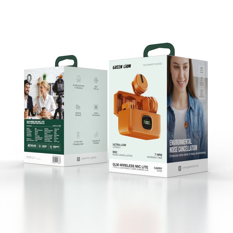 مايكروفون لاسلكي Green Lion GLM Lite مع إلغاء الضوضاء البيئي، ×2 ميكروفونات، مستقبل واحد، يعمل لمدة تصل إلى 7 ساعات، التقاط بزاوية 360°، مدمج ومحمول، مسافة نقل تصل إلى 20 متر، واجهة USB-C، علبة شحن 4 مرات - برتقالي