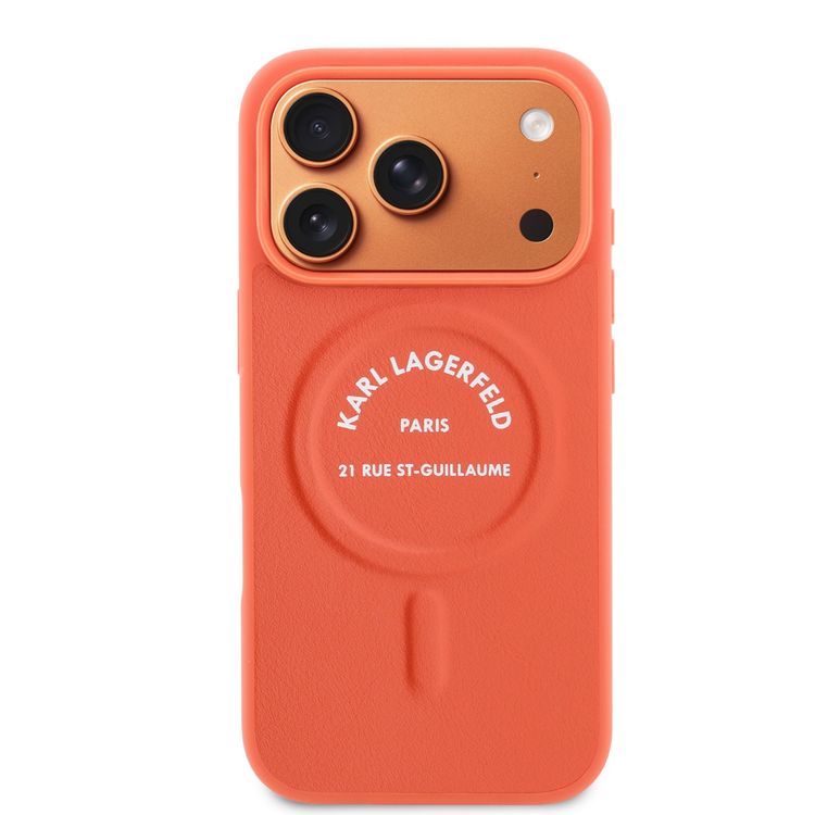 كفر Karl Lagerfeld MagSafe PU مع أزرار بشعار Karl RSG لهاتف iPhone 17 Pro Max، تصميم نحيف، سهل التركيب، تغليف مستدام، قبضة مريحة، حماية من السقوط، تصميم خفيف الوزن - برتقالي
