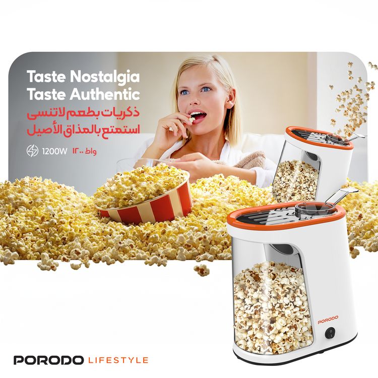 Porodo Lifestyle Air-Popped Popcorn Maker, Quick and Efficient, 60g Corn Kernel, 2-4 Minutes Prep Time, Oil-Free - White / Orange