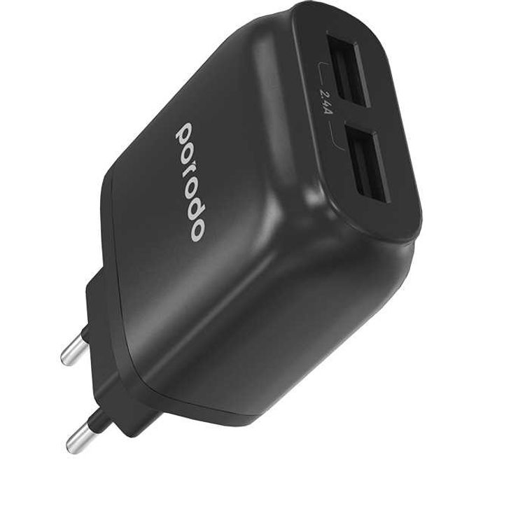 Porodo Dual Port EU Wall Charger with USB-A to Micro USB Cable, Fast Charging & Auto ID Support, 2.4A USB-A Current, Fireproof Material, Overheat Protection, Protective Safeguard - Black
