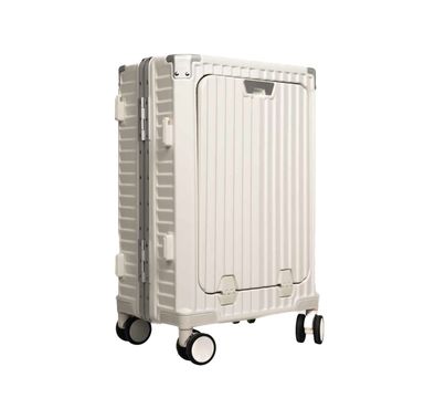 Levelo RoamRollers 20" Travel Luggage with Aluminum Body Material, USB-A & USB-C Output Ports, Metal Corner Protection, Front Pocket Compatible with Up to 15.6" Laptop, Phone and Cup Holder, Silent Spinner Wheels - White