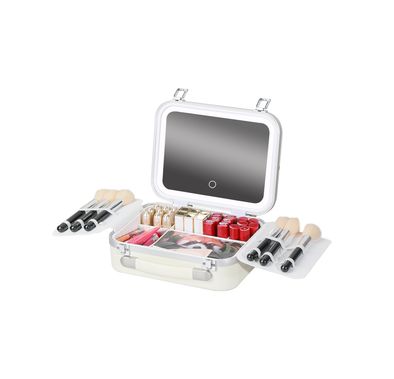 Green Lion Fest Make-Up Bag with Lighted Mirror & Adjustable brightness, 2000mAh Battery, 3-5 Hours Working Time, 72 LED Beads, Cool, Natural & Warm Light Modes, Adjustable Storage Partition, High-Definition Mirror, Touch Control Switch, Water-Resistant, Carry Handle - White