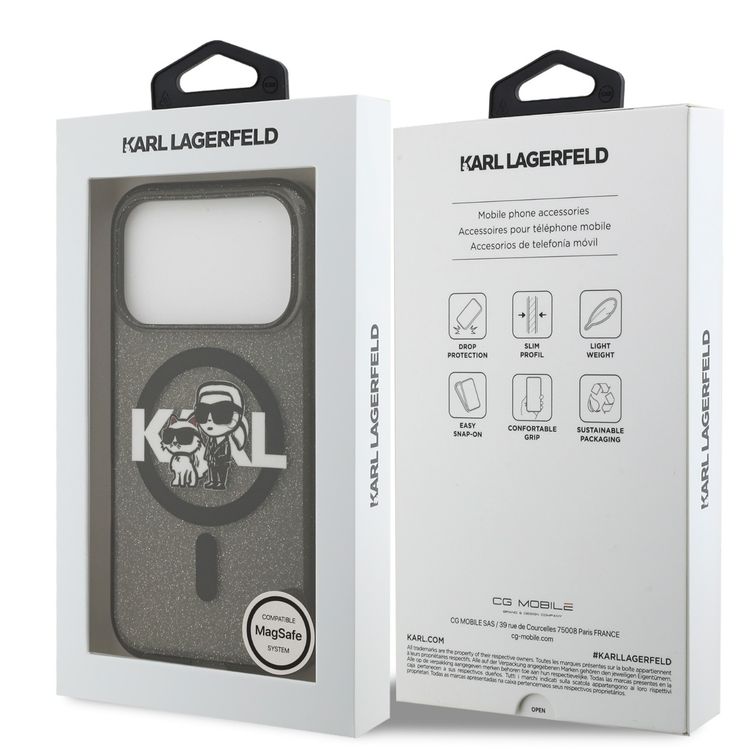 Karl Lagerfeld MagSafe IML Glitter Case with Karl & Choupette Heads for iPhone 17 Pro Max, Drop Protection, Slim Profile & Lightweight Design, Easy Snap-On, Comfortable Grip, Sustainable Packaging - Black