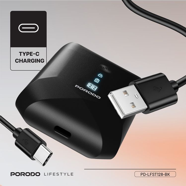 Porodo Lifestyle Dual-Blade Pocket Shaver with Travel Lock, Dual-Blade, Digital Display, Type-C Charging, 600mAh Battery, 8000RPM Motor Speed, Lightweight & Portable - Black