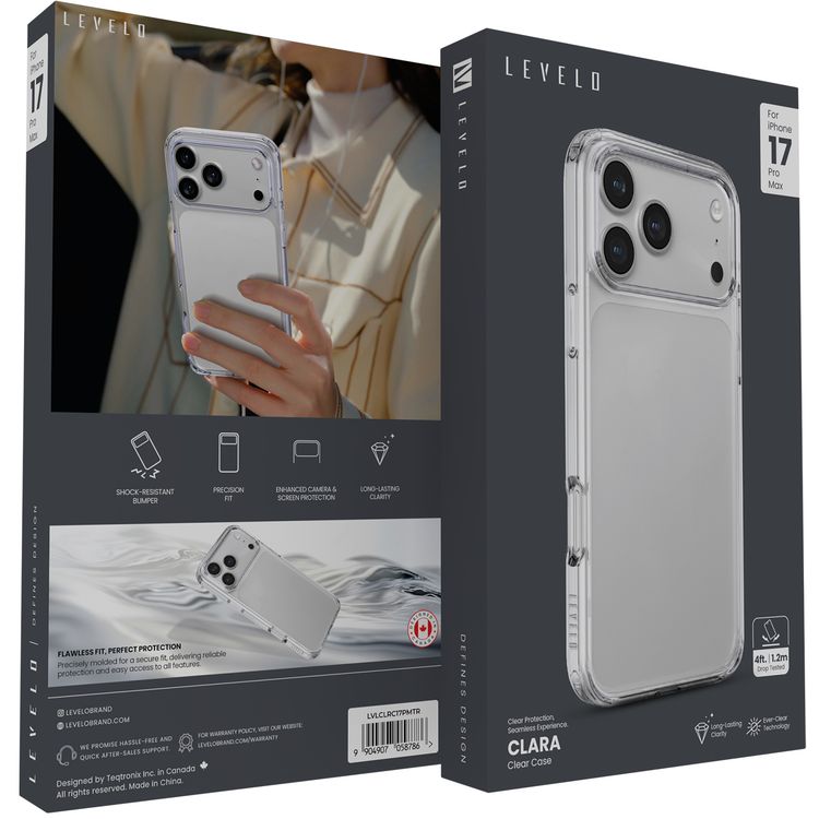 Levelo Clara Clear Case with Long-Lasting Clarity for iPhone 17 Pro Max, Enhanced Camera & Screen Protection, Precision Fit, Shock-Resistant Bumper, Ever-Clear Technology, Drop-Tested - Transparent