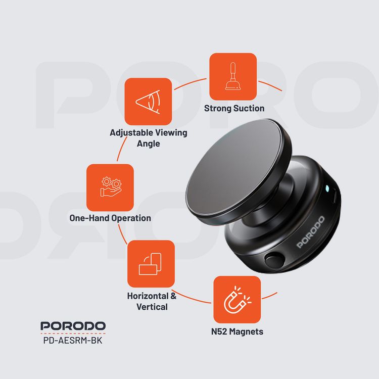  Porodo Vacuseal Magsafe Magnetic Mount with 110mAh Battery, Туре-С Charging Port, x16 Powerful N52 Magnets, 4.7" and Above Device Compatibility, Adjustable Viewing Angle - Black