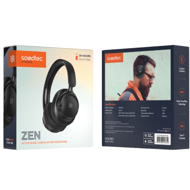 Porodo Soundtec Zen Active Hybrid Headphone with Noise Cancelling Technology, 30 Hours Play Time, Type-C Charging Port, 2 Hours Recharge Time, Comfortable Cushions - Black