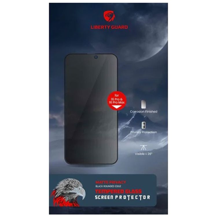 واقي شاشة Liberty Guard لهاتف iPhone 16 Pro Max مع غطاء كامل للخصوصية، زجاج مقسّى، حافة مستديرة 2.5D، لمسة نهائية غير لامعة، معزز ثلاثيًا، طلاء مضاد للتآكل، صلابة 9H، مضاد للخدش، مضاد لبصمات الأصابع، وظيفة مضادة للكهرباء الساكنة - أسود غير لامع