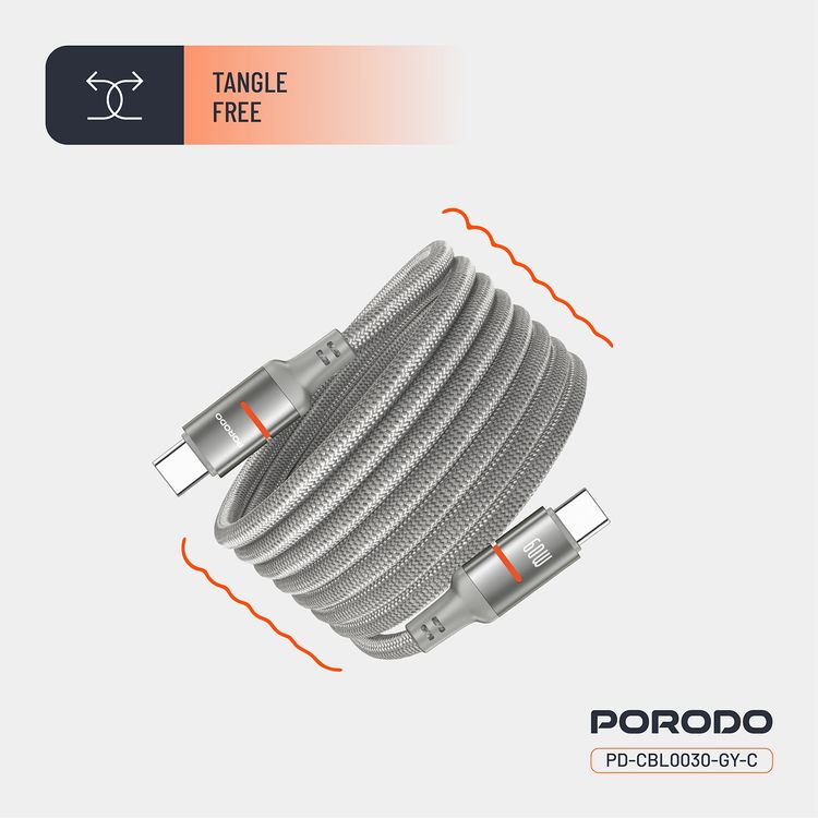 Porodo Type-C to Type-C Magnetic Braided Cable with 60W Power Delivery, 1.2m Cable Length, More than 15,000 Bends Lifespan, Tangle-Free Design - Gray