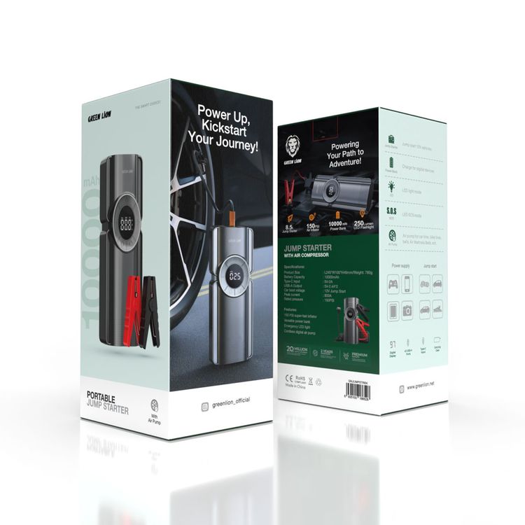 Green Lion Portable Jump Starter with Air Pump, 10000mAh Battery Capacity, Versatile Power Bank, LED SOS Mode - Black