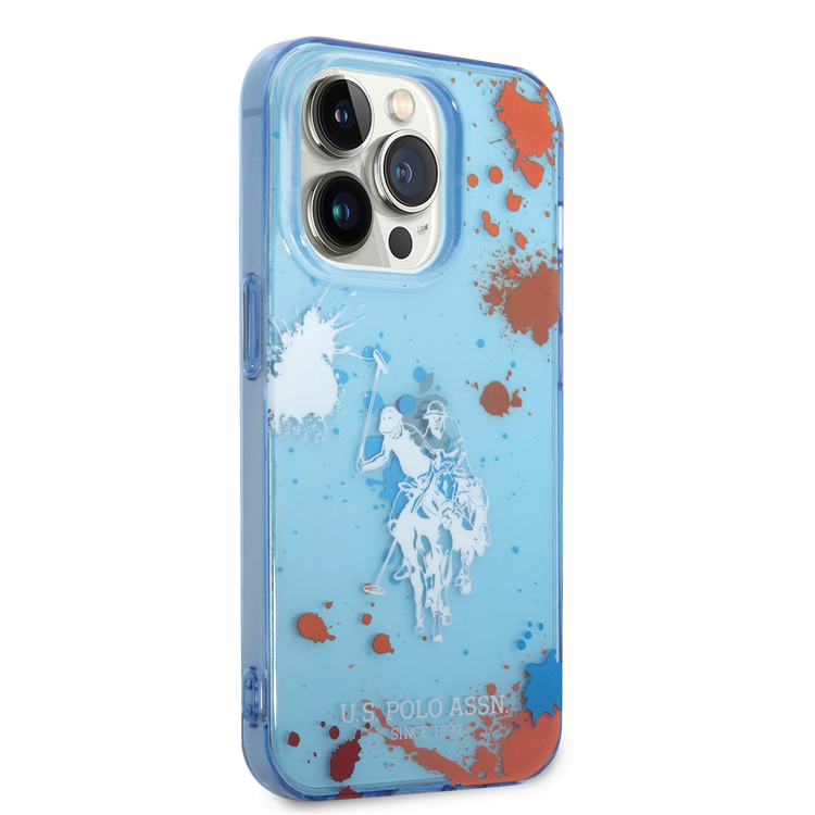 USPA PC/TPU Case with Splatter Pattern & Horse Logo iPhone 14 Pro Compatibility - Blue