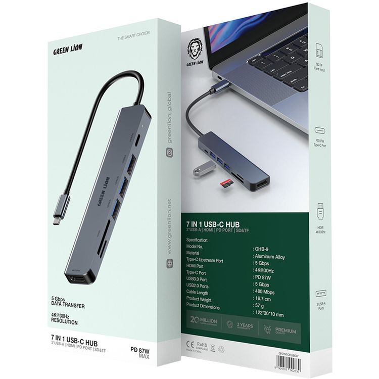Green Lion 7-in-1 USB-C Hub with 3× USB-A, HDMI, TF/SD Card & USB-C Ports, Aluminum Alloy Material, 4K@30Hz Resolution, 5 Gbps Data Transfer, 16.7cm Cable Length - Gray