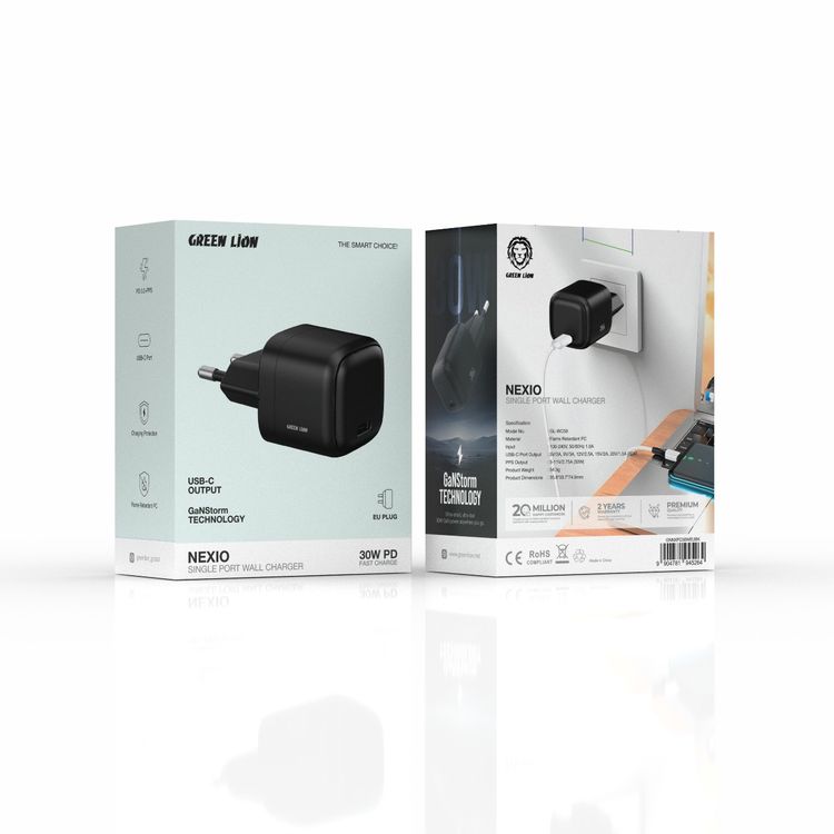 Green Lion NEXIO Single Port Wall Charger with EU Plug,  30W Power Delivery, Flame Retardant PC Material, USB-C Port, PD 3.0 + PPS, Charging Protection - Black