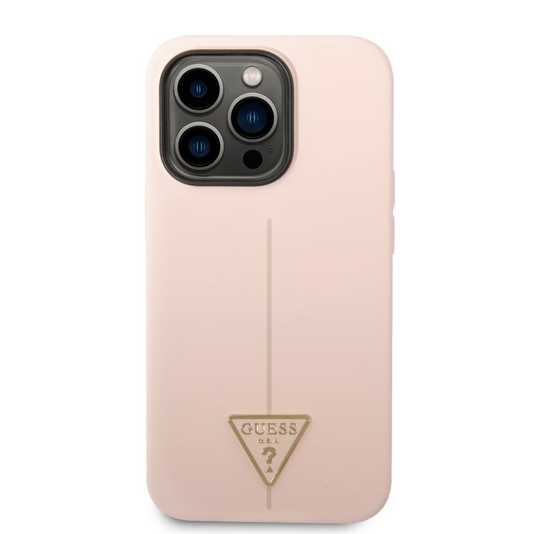 Guess Liquid Silicone Case with Shiny Line & Metal Triangle Tone Logo iPhone 14 Pro Compatibility - Pink
