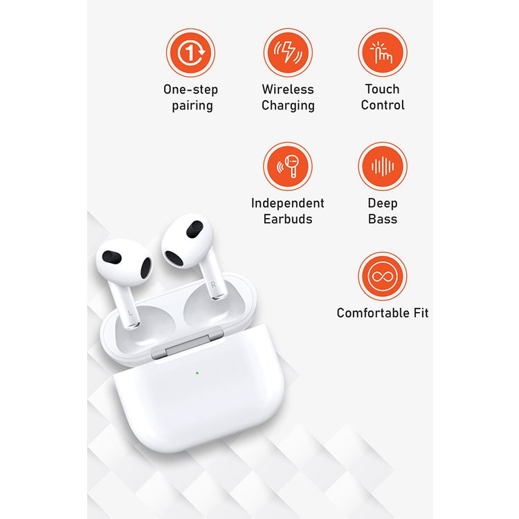 Porodo Blue Deep Bass Wireless Earbuds 3, 20 Hours Working Time, Type-C Charging Port, Environmental Noise Cancellation, Independent Earbuds, Touch Control - White
