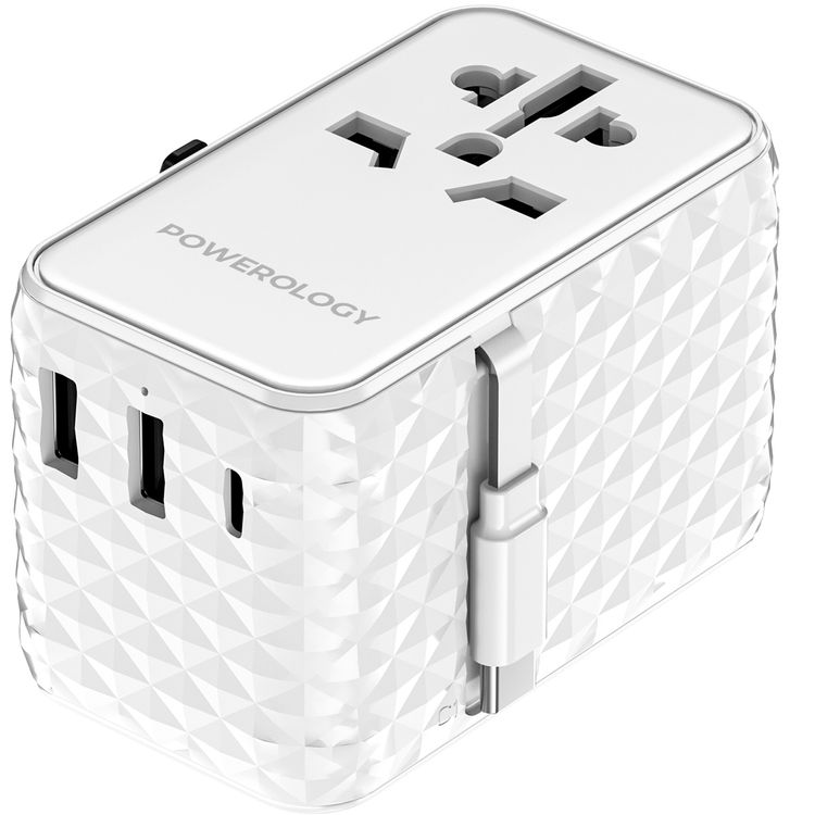Powerology GaN 20W PD Universal Adapter with Retractable Type-C Cable, Simultaneous Charging, Includes Spare Fuse, Built-In Safeguard - White