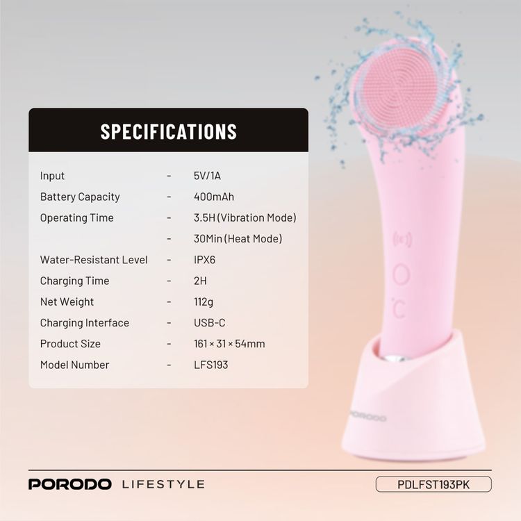 Porodo Sonic Vibration Facial Cleansing Brush with Massage & Exfoliate Function, 6000RPM High-Frequency Vibration, Warm Compress, 400mAh Battery Capacity, USB-C Charging Interface, 2 Hours Charging Time, Gentle Silicone Bristles - Pink