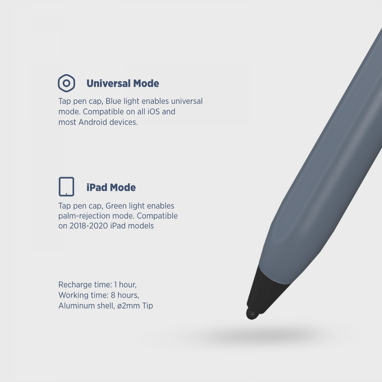 Powerology 2 in 1 Smart Pencil, 2mm Pen Tip, 2018 and Above iPad Compatible, Universal and Palm Rejection Mode, 1h Charging Time, 8h Working Time - Gray
