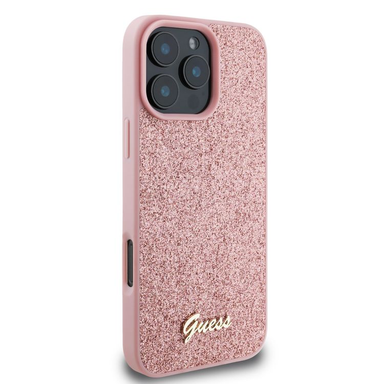 Guess Fixed Glitter Hard Case with Script Metal Logo for iPhone 16 Pro Max, Slim Profile, Drop Protection, Easy Snap-On, High-Quality Material, Extra Shield Protection - Pink