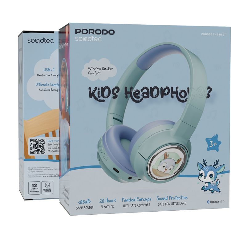Porodo Soundtec Moose Wireless Kids Headphones with LED Lights, 40mm Speaker, 20 Hours Play Time, Bluetooth 5.3, 400mAh Battery, USB-C Charging Port, Comfort Cushions - Blue