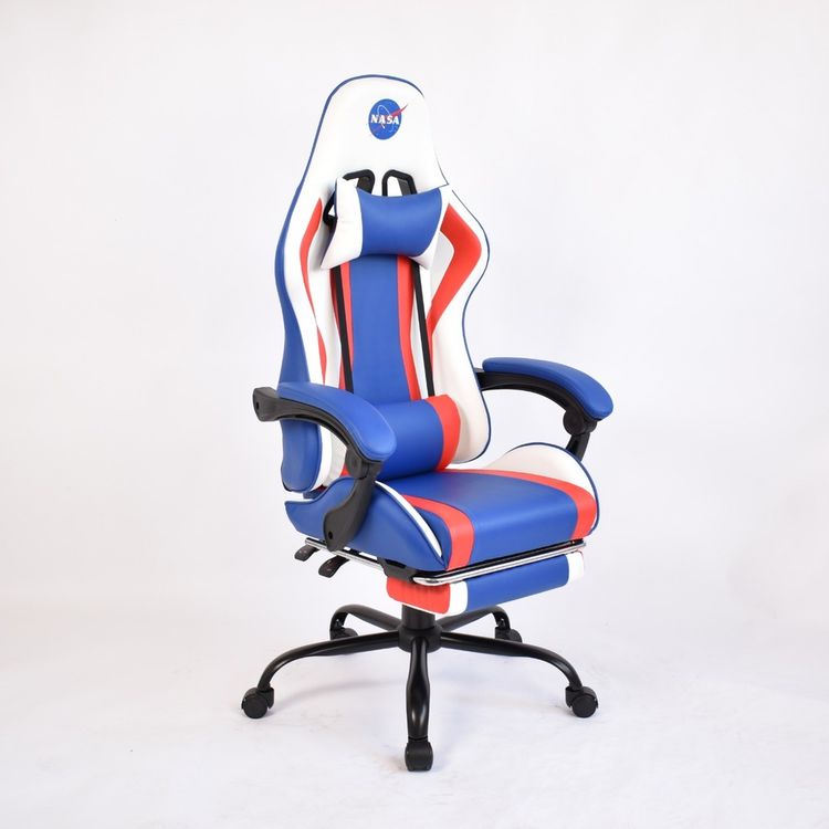 NASA Discovery Gaming Chair, Faux Leather, Height Adjustable, High Density Foam, Recline Mechanism - White/Blue/Red
