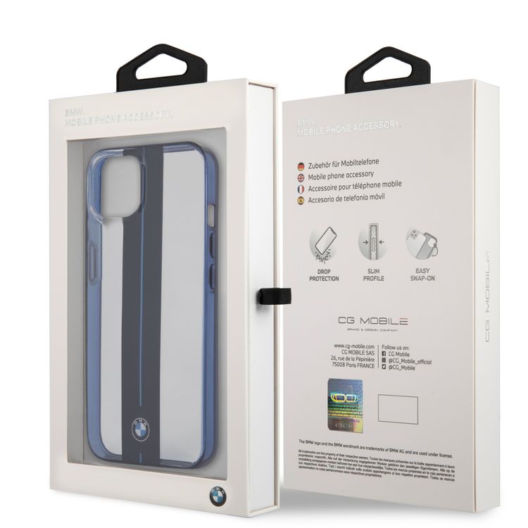 CG MOBILE BMW PC Transparent Hard Case with Navy Middle Stripe & Light Blue Line with Navy Edges Compatible for iPhone 13 (6.1")