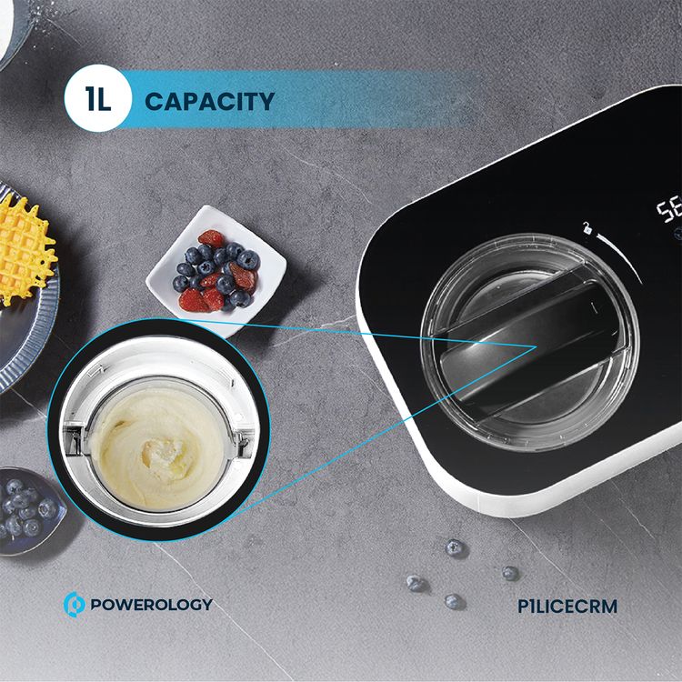 Powerology Ice Cream & Frozen Yogurt Machine with 4 Mixing Modes, 1L Capacity, 50 to 60 Minutes Preparation Time, Low-Noise Operation, 100W Cooling Power - White