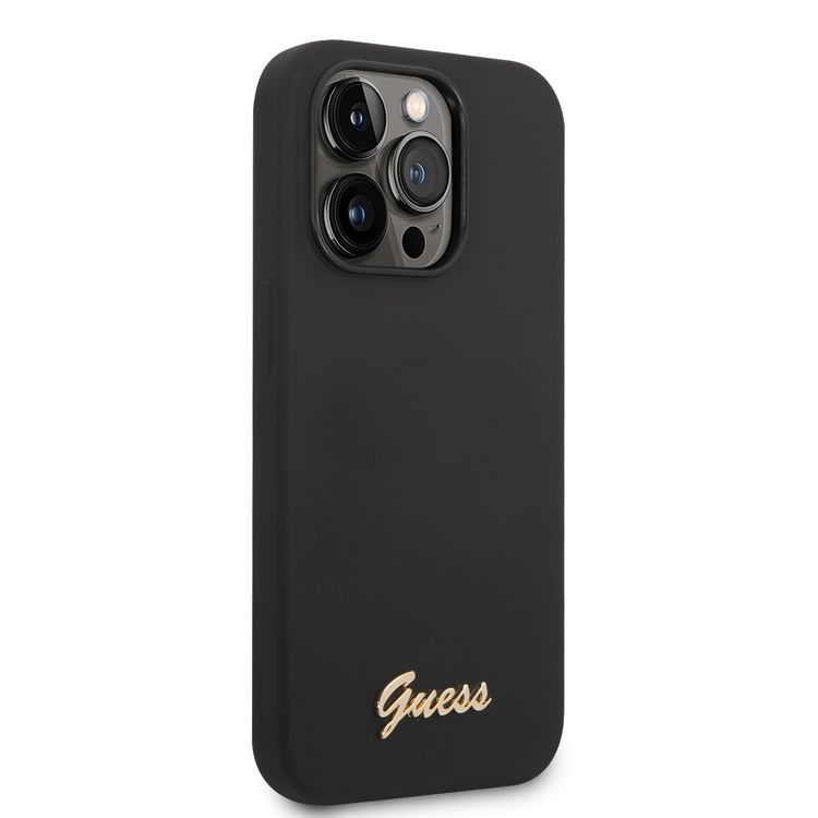 Guess Liquid Silicone Case With PC Camera Outline & Script Metal Logo - iPhone 14 Pro - Black