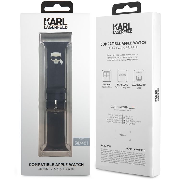 حزام كارل لاغرفيلد من السيليكون بشعار كارل هيد لساعة أبل 38/40 ملم - أسود