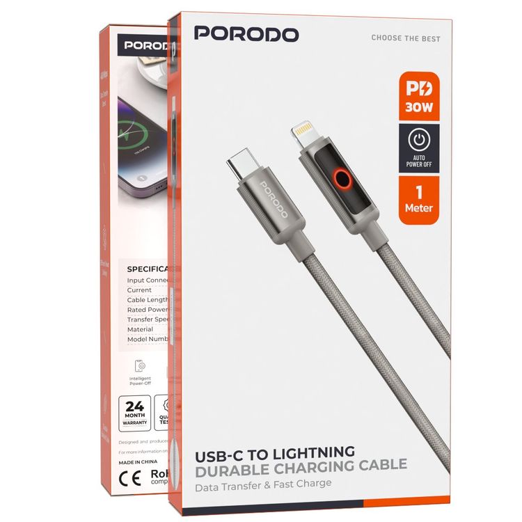 Porodo Charge Lite USB-C to Lightning Cable with High-Speed Charging, PD 30W, Braided & Aluminum Alloy Material, 1m Cable Length, 480Mbps Transfer Speed, Protect Battery - Gray