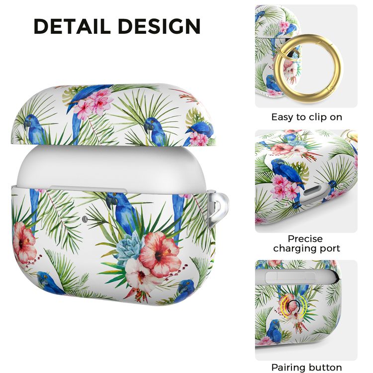 AhaStyle Premium TPU Rugged Hard Shell Design Case with Anti-Lost Ring Compatible for AirPods Pro, Scratch Resistant, Shock Absorption, Drop Protection, & Dustproof Protective Hard Shell Cover Suitable with Wireless Charging - Parrot - AirPods Pro