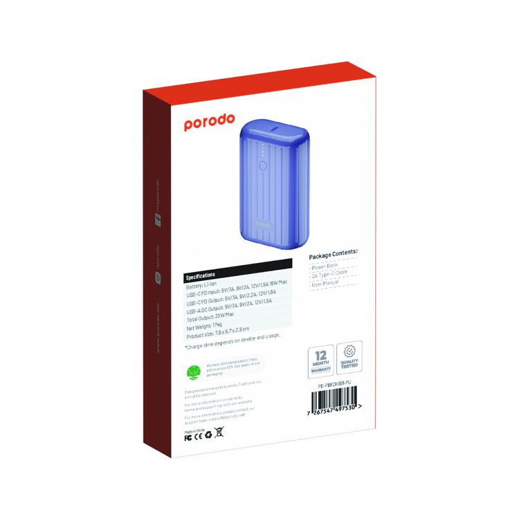 Porodo Power Bank 10000mAh QC3.0 with PD 20W, Dual Output, 3.5H Charging Time, Unique Design, Portable, Fast Charging - Purple