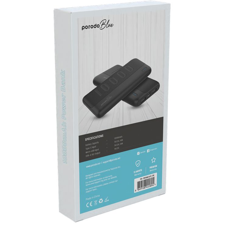 Porodo Blue 10000mAh Slim Power Bank with Dual USB-A Output, Lightweight & Compact Design, Type-C Input, LED Indicator - Black