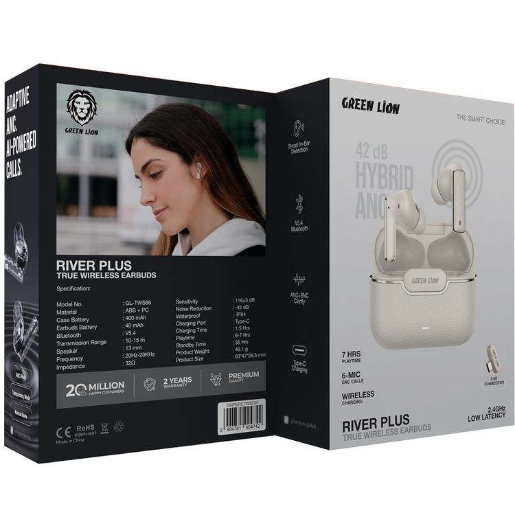 Green Lion River Plus True Wireless Earbuds with ANC + ENC Clarity, 2.4G Connector Included, Up to 7 Hours of Playtime, Smart in-Ear Detection, Bluetooth Version 5.4, -42dB Noise Reduction, 35 Hours Standby Time - Cream