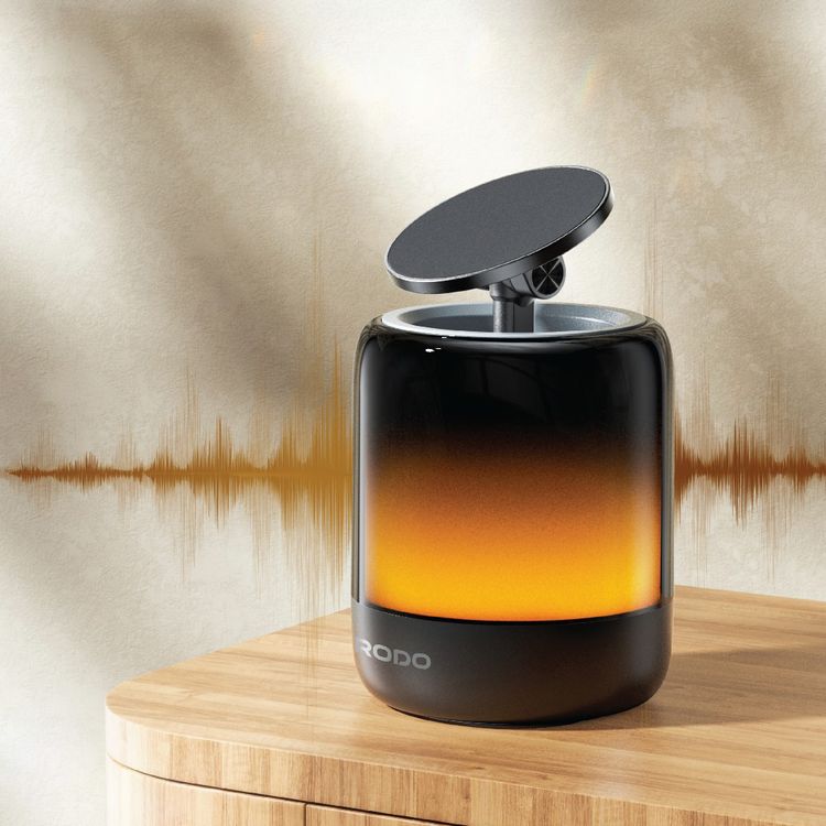 Porodo SyncGlow Speaker & Phone Holder with Rhythmic Lights, 500mAh Battery, Bluetooth Version 5.3, 150 Minutes Working Time, 360° Flexible Rotation, ABS & PC Material, Immersive Sound, 5W Rated Power - Black